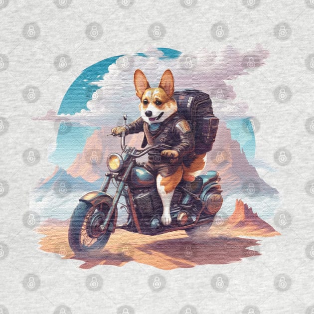 Corgi riding a motorcycle in the desert by JnS Merch Store